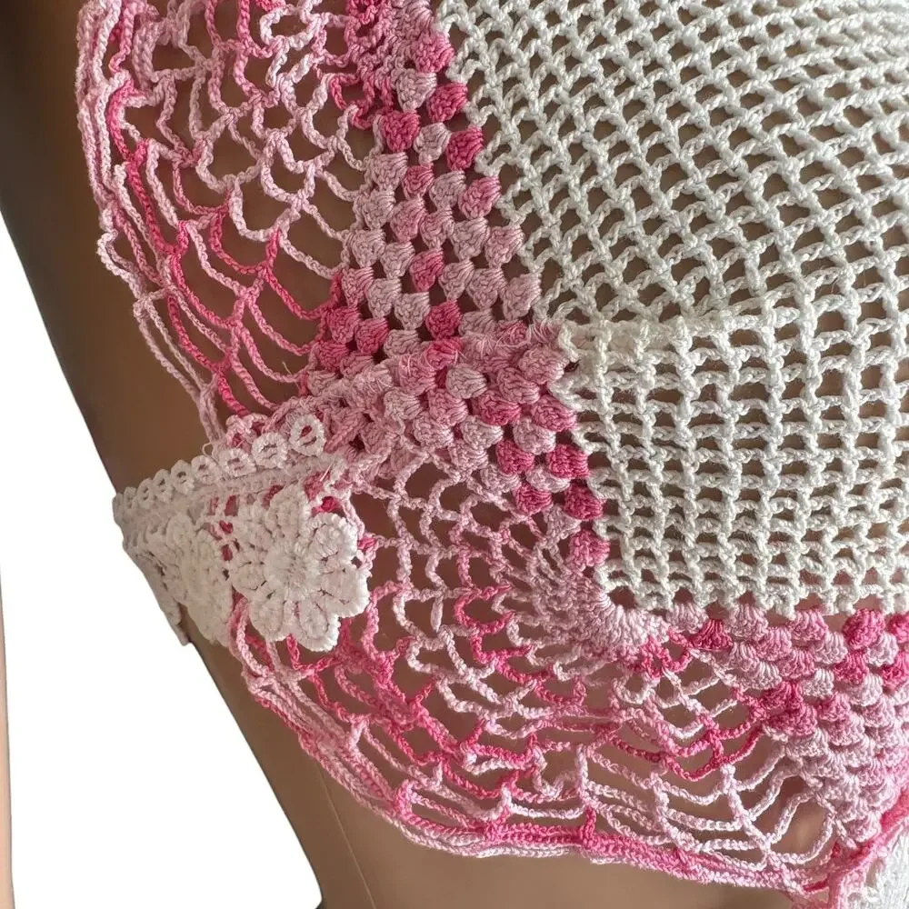Upcycled Crochet Doily Cut Out Mini Dress Pink S Coquette Fairycore Boho Coastal